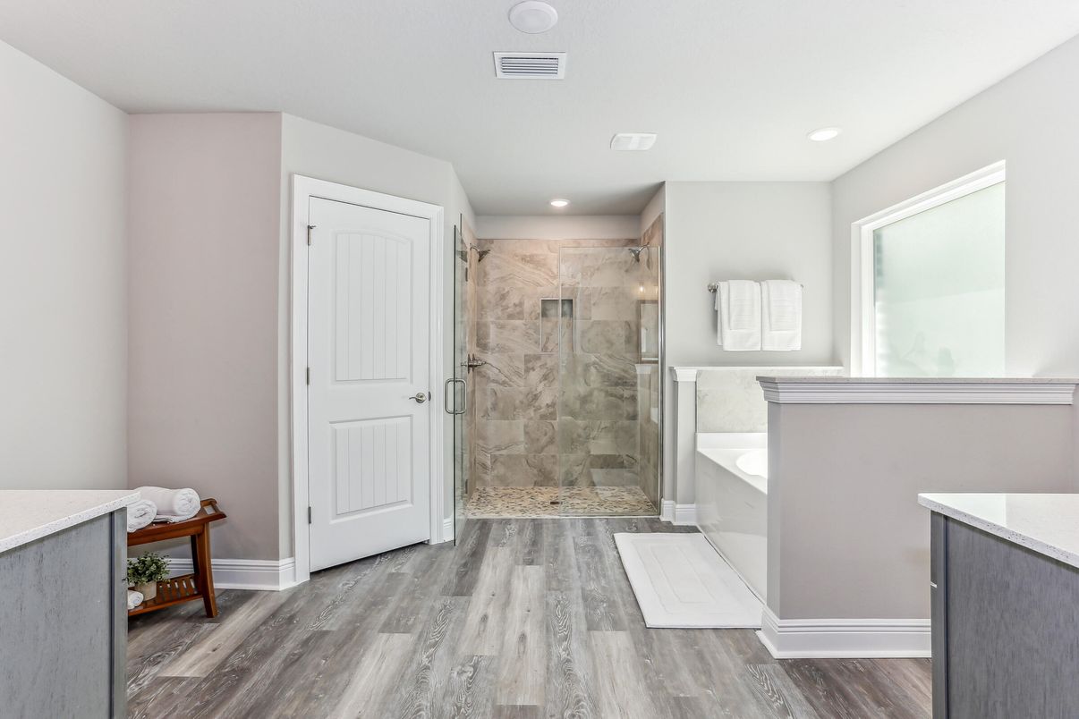 Bathroom, Glass Shower, Interior, Marble Walls, Recessed Lighting, Wood Texture Flooring