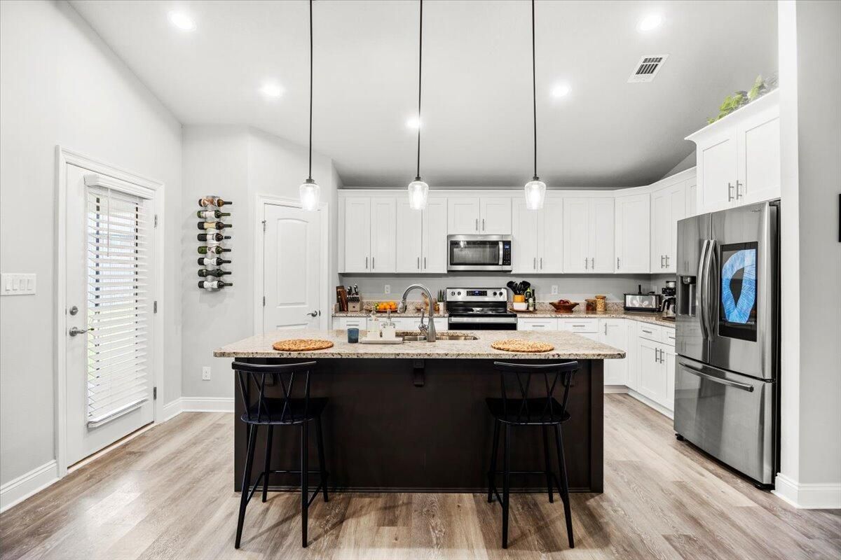 Interior, Kitchen, Pendant Lights, Recessed Lighting, Stainless Steel Appliances, Wood Texture Flooring