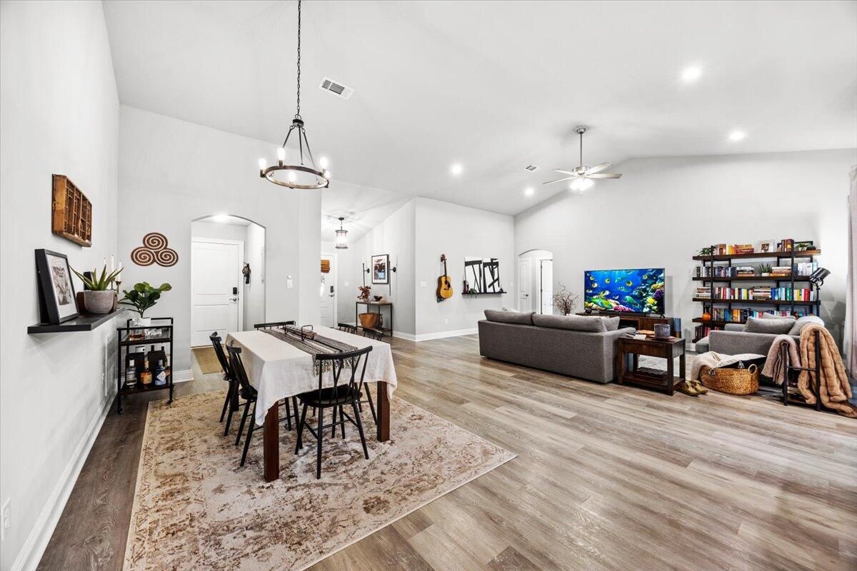 Dining room, Interior, Living room, Pendant Lights, Recessed Lighting, Wood Texture Flooring