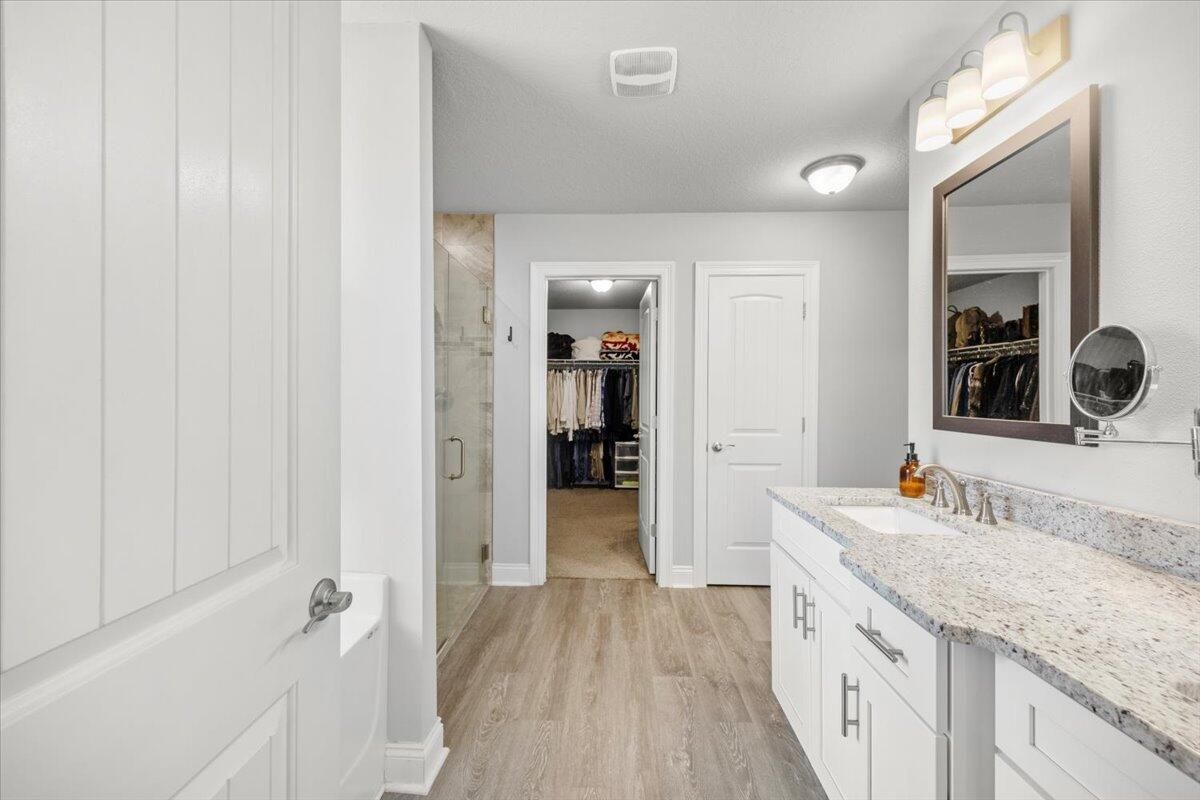 Bathroom, Dual Sink Vanities, Interior, Walk-in Closets, Wood Texture Flooring