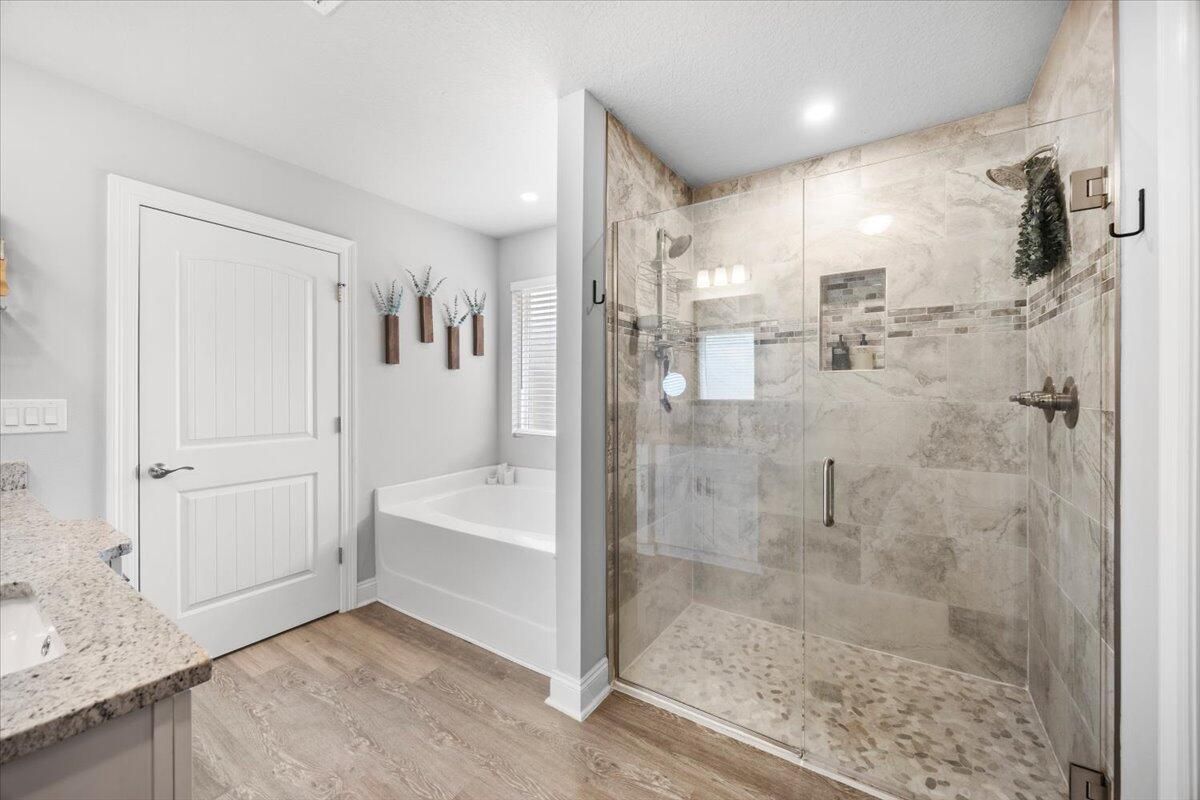 Bathroom, Glass Shower, Interior, Recessed Lighting, Wood Texture Flooring