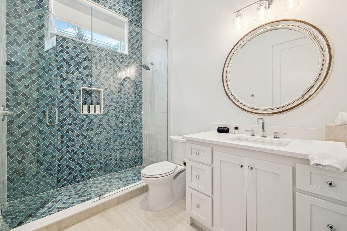 Bathroom, Glass Shower, Interior, Wood Texture Flooring