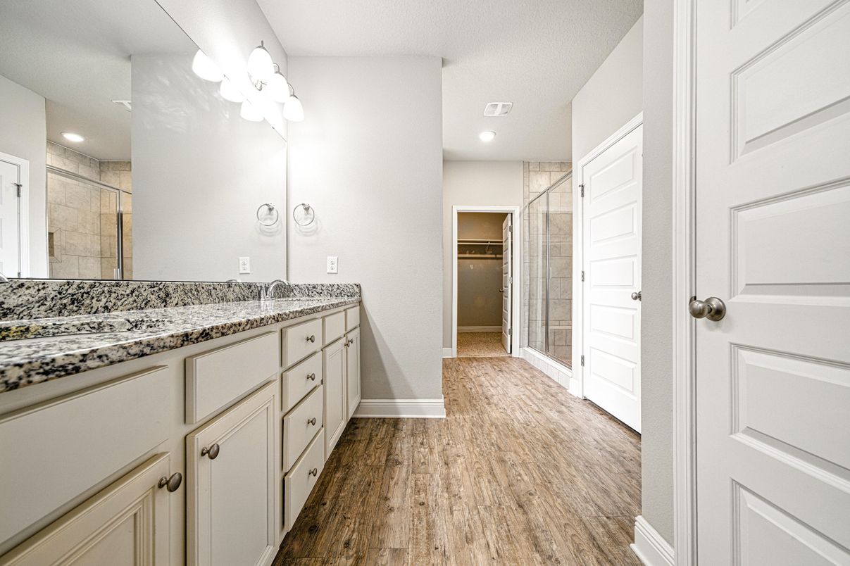 Bathroom, Dual Sink Vanities, Interior, Recessed Lighting, Wood Texture Flooring