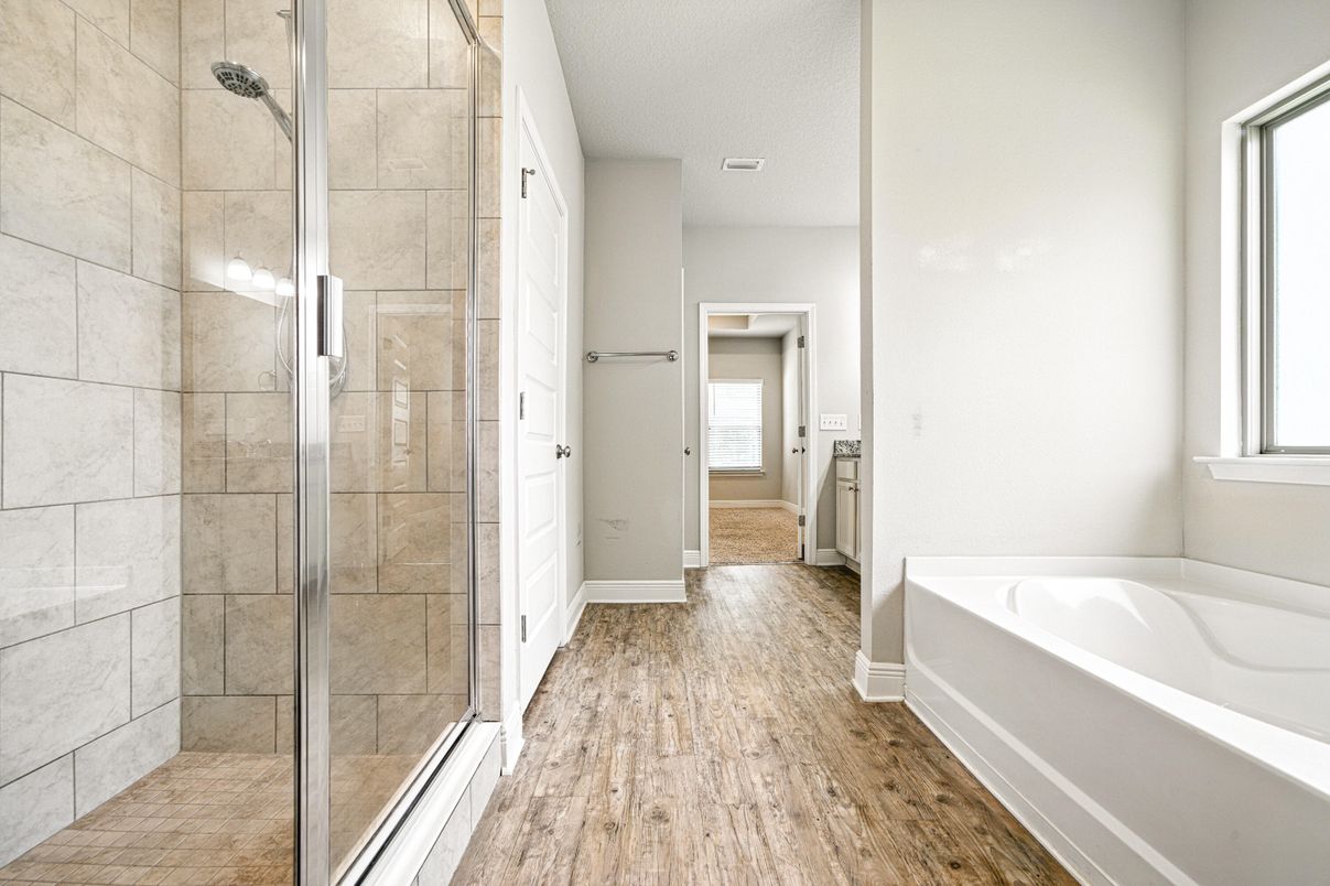 Bathroom, Glass Shower, Interior, Wood Texture Flooring