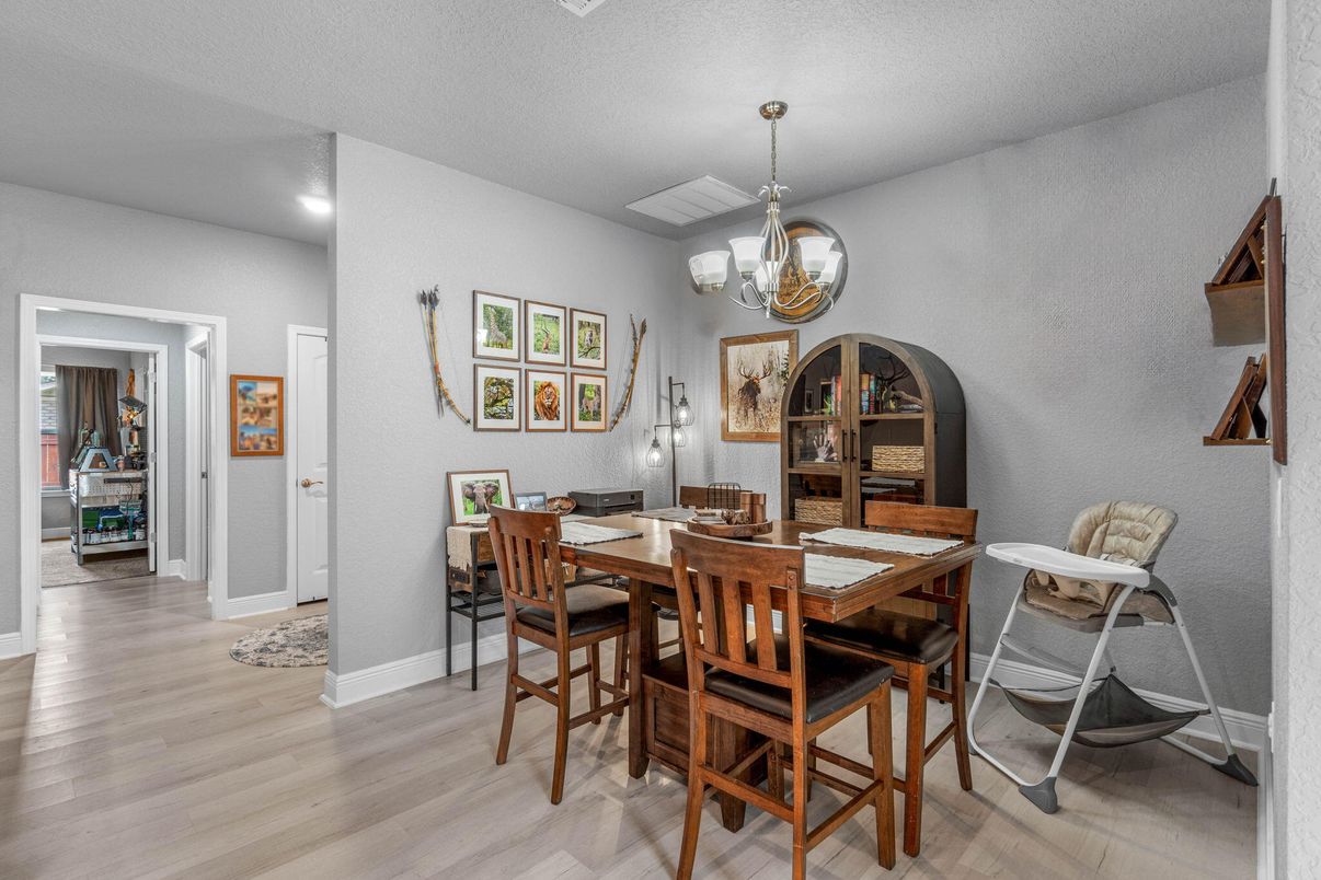 Chandelier, Dining room, Interior, Recessed Lighting, Wood Texture Flooring