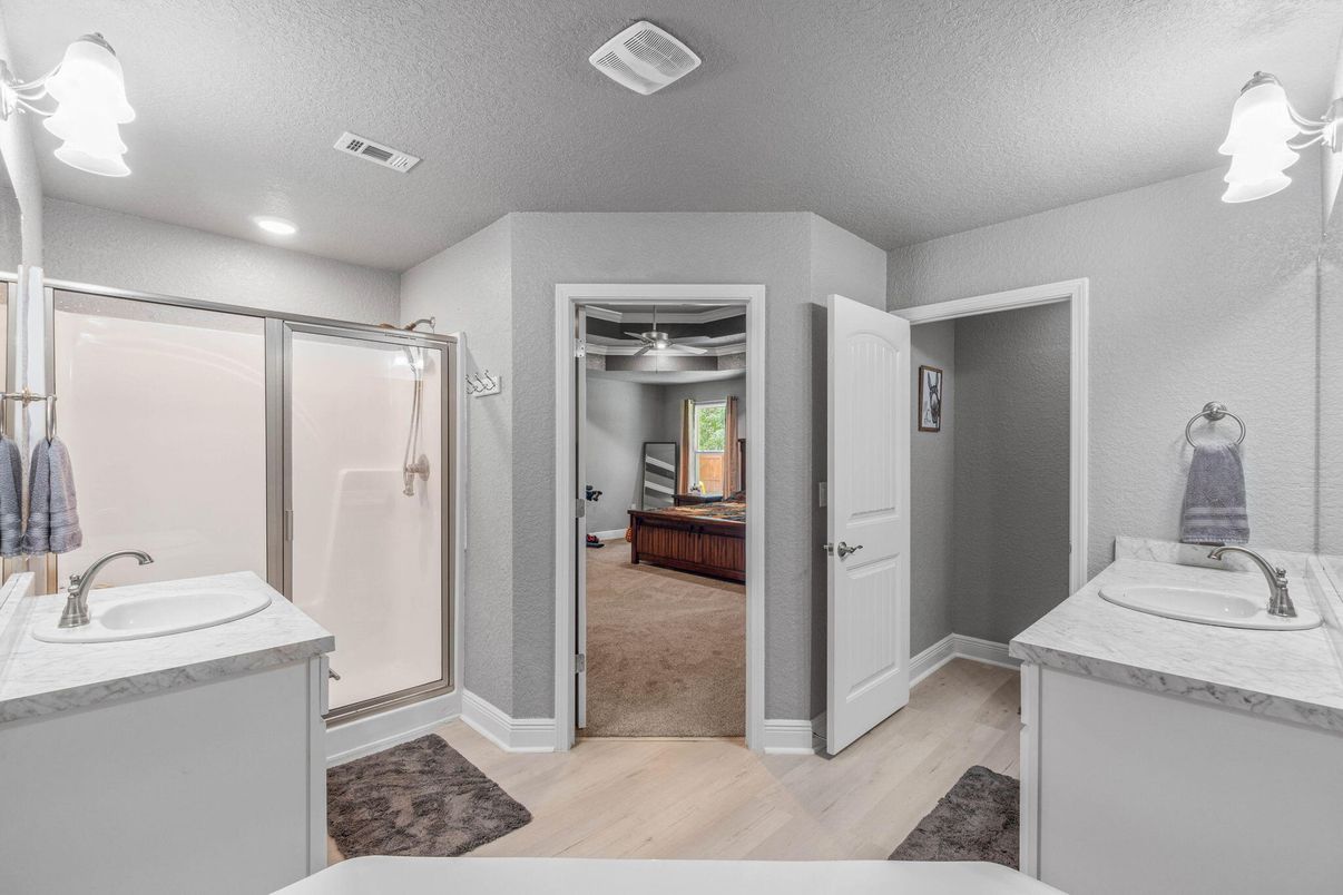 Bathroom, Glass Shower, Interior, Recessed Lighting, Wood Texture Flooring