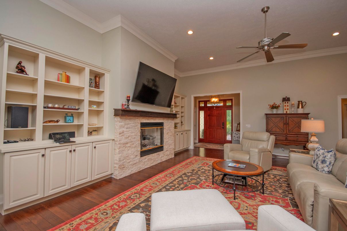 Fireplace, Interior, Living room, Recessed Lighting, Wood Texture Flooring