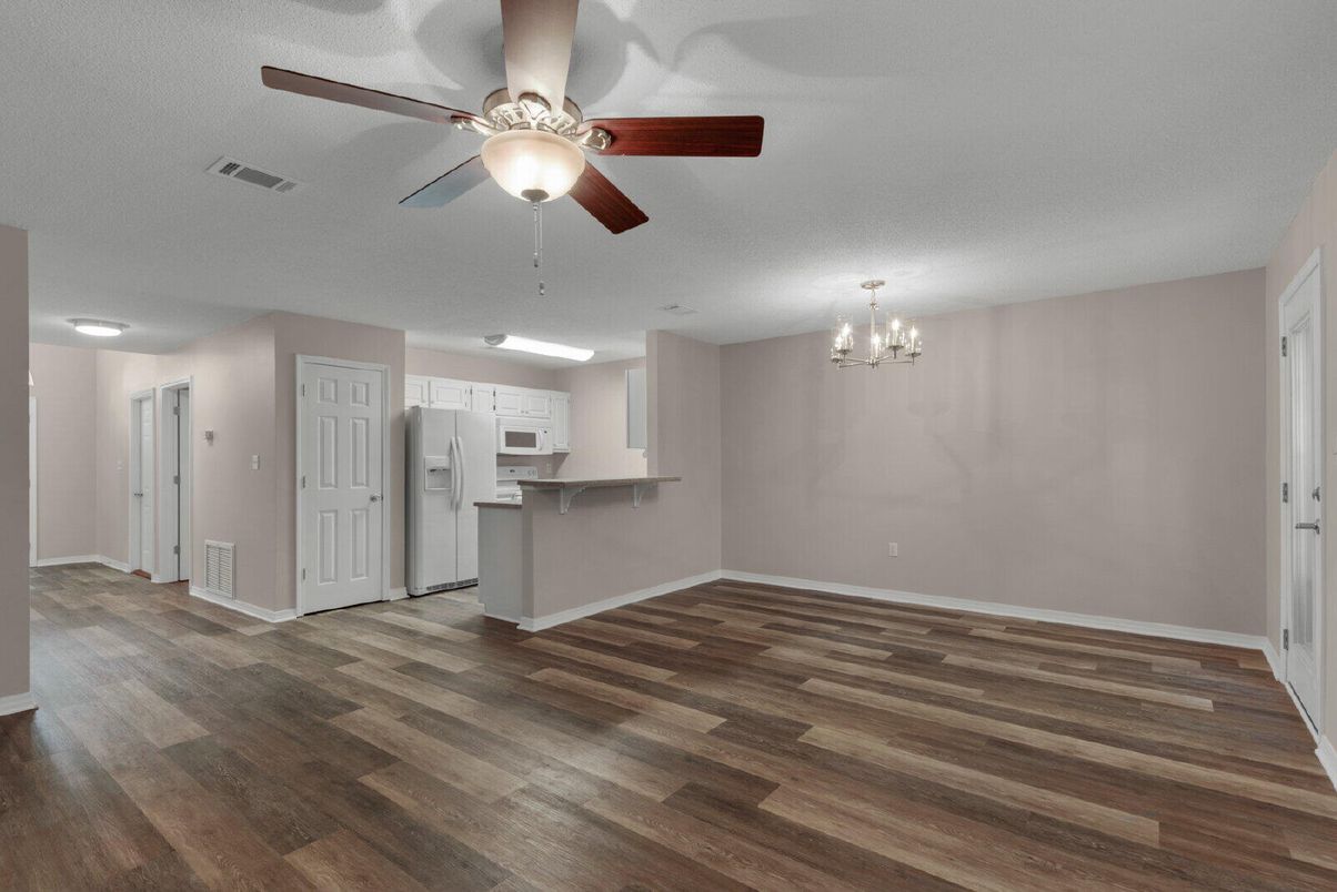 Chandelier, Empty room, Interior, Kitchen, Wood Texture Flooring