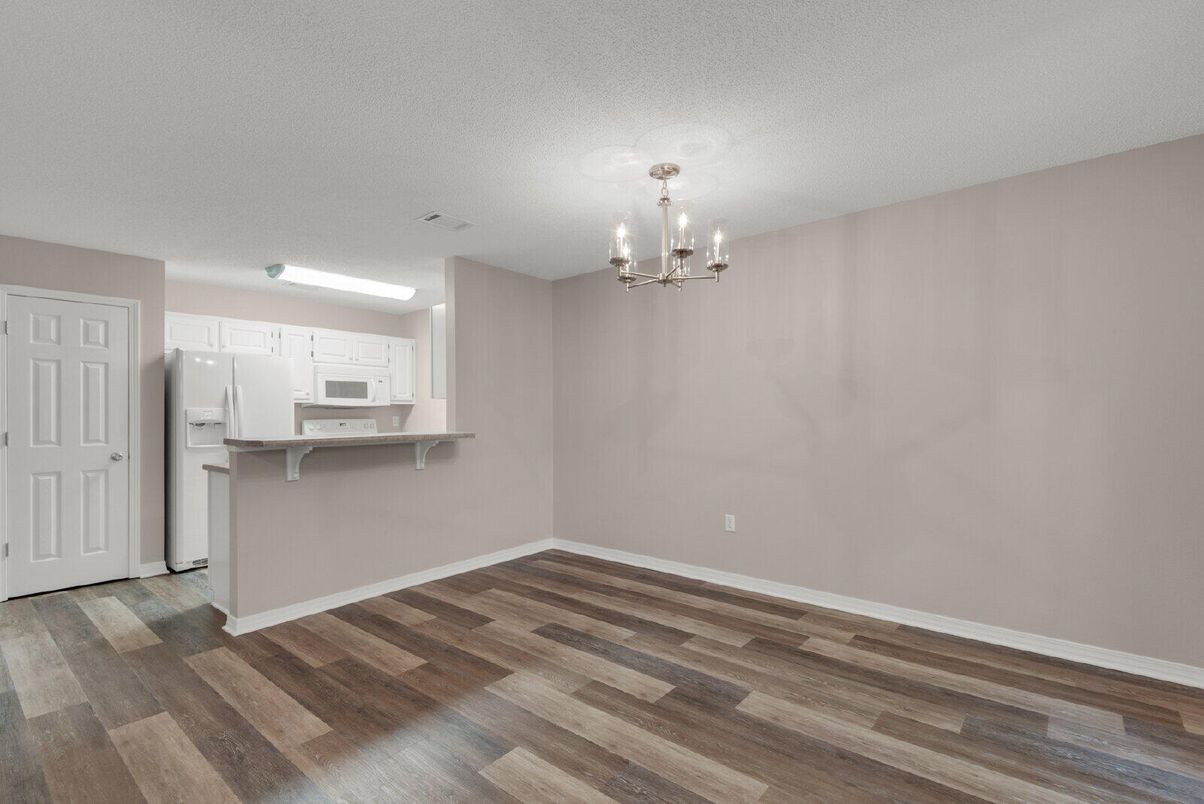 Chandelier, Empty room, Interior, Kitchen, Wood Texture Flooring