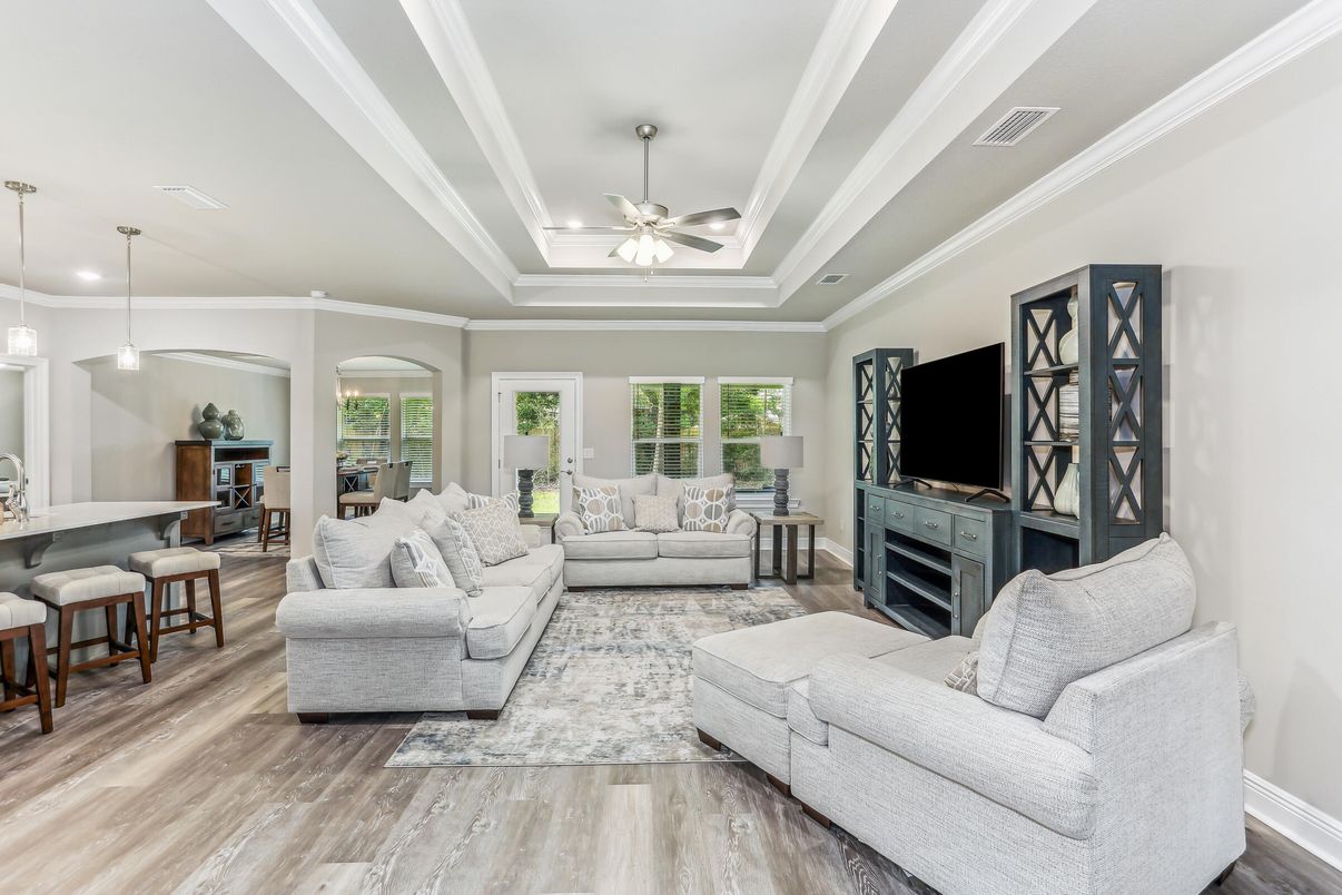 Interior, Living room, Pendant Lights, Recessed Lighting, Wood Texture Flooring