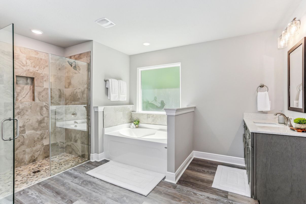 Bathroom, Glass Shower, Interior, Recessed Lighting, Wood Texture Flooring