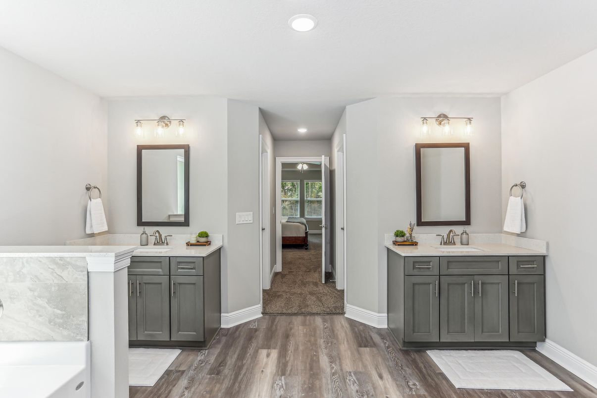 Bathroom, Dual Sink Vanities, Interior, Recessed Lighting, Wood Texture Flooring