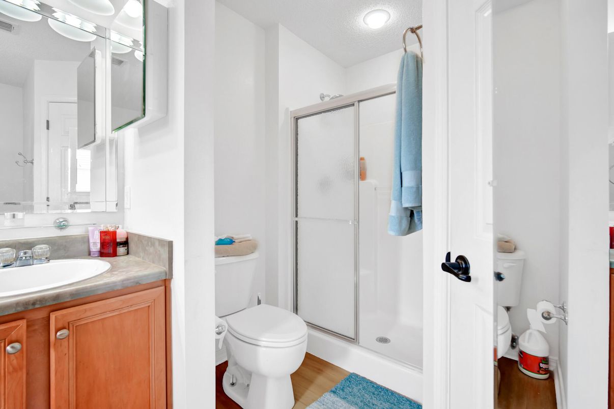Bathroom, Glass Shower, Interior, Recessed Lighting, Wood Texture Flooring