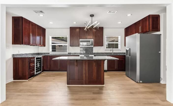 Interior, Kitchen, Pendant Lights, Recessed Lighting, Wood Texture Flooring