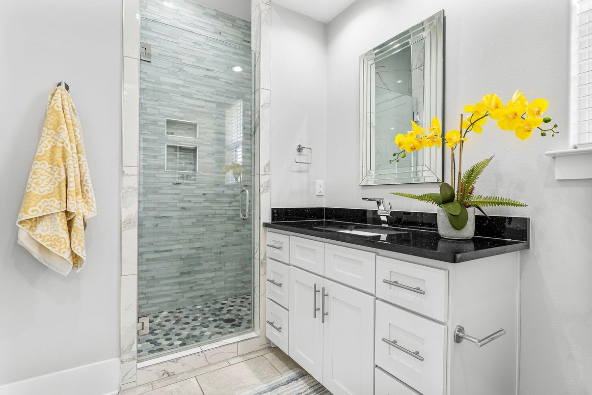 Bathroom, Glass Shower, Interior, Marble, Recessed Lighting