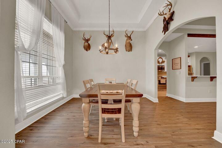 Chandelier, Dining room, Interior, Pendant Lights, Wood Texture Flooring
