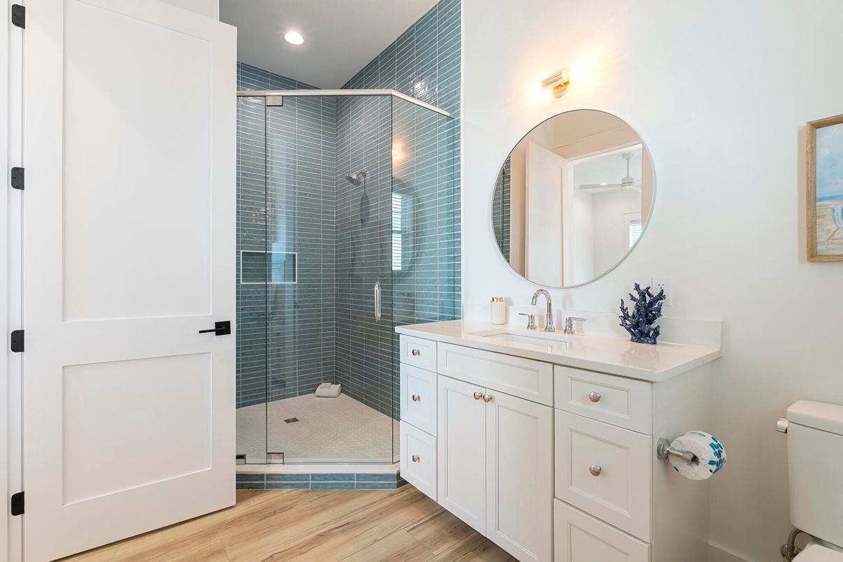 Bathroom, Glass Shower, Interior, Recessed Lighting, Wood Texture Flooring