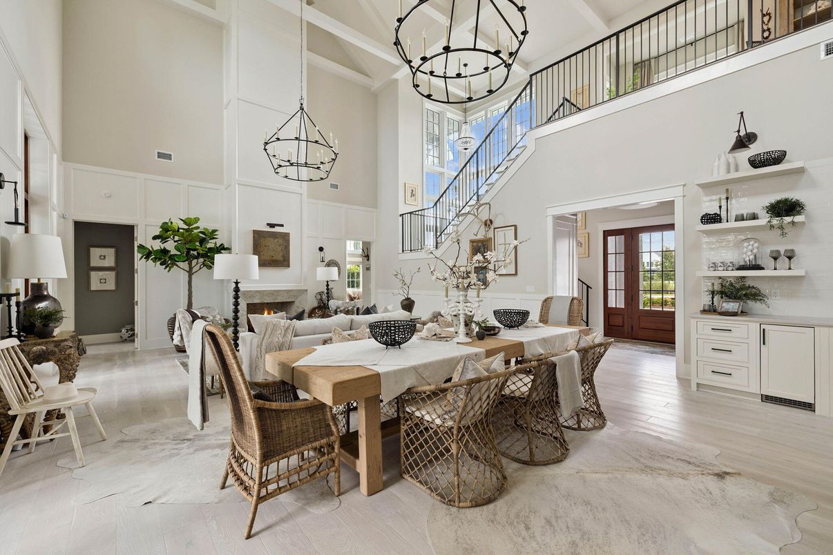 Chandelier, Dining room, Fireplace, Interior, Living room, Pendant Lights, Wood Texture Flooring