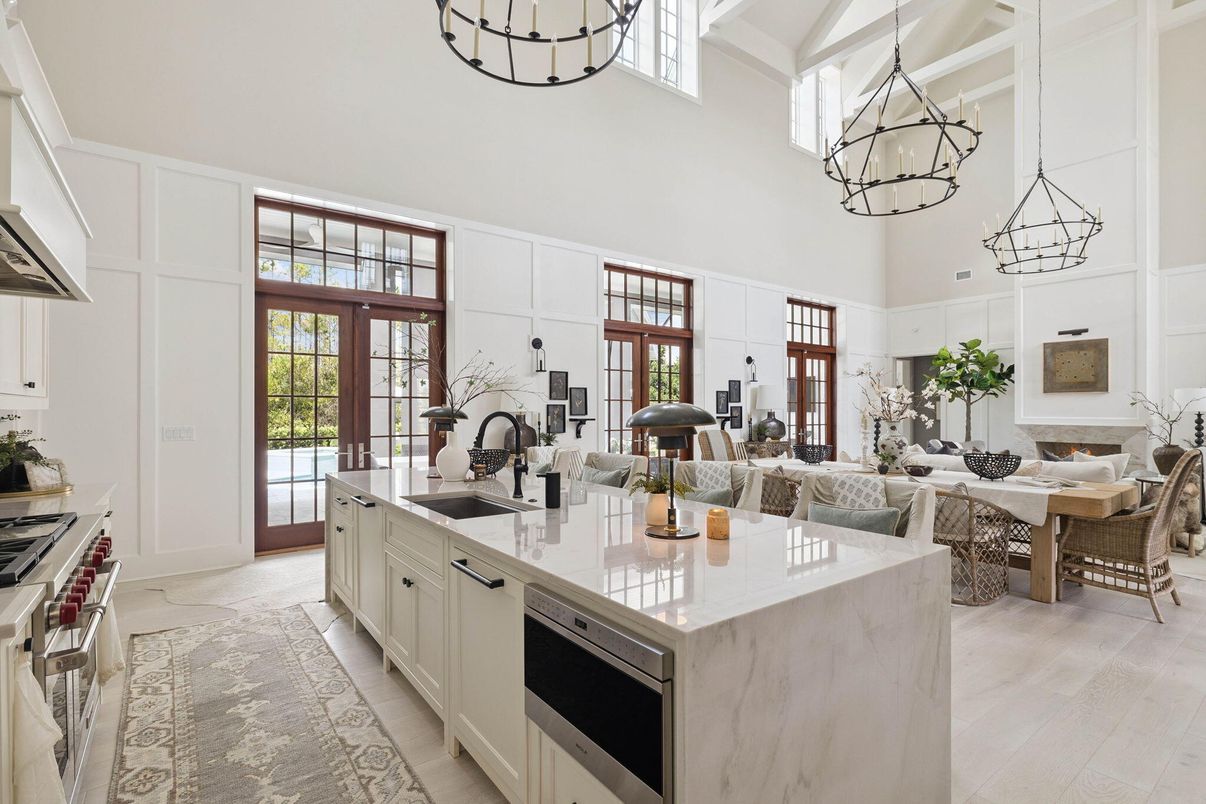 Chandelier, Fireplace, Interior, Kitchen, Living room, Pendant Lights, Wood Texture Flooring