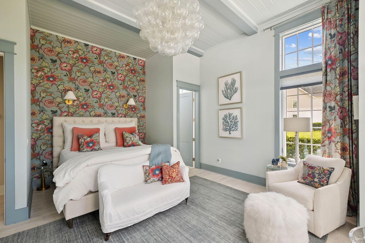 Bedroom, Chandelier, Interior, Wood Texture Flooring