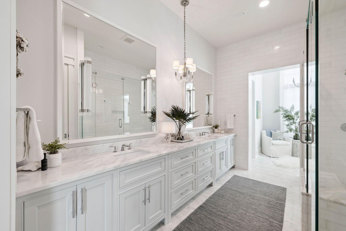 Bathroom, Dual Sink Vanities, Glass Shower, Interior, Pendant Lights, Recessed Lighting