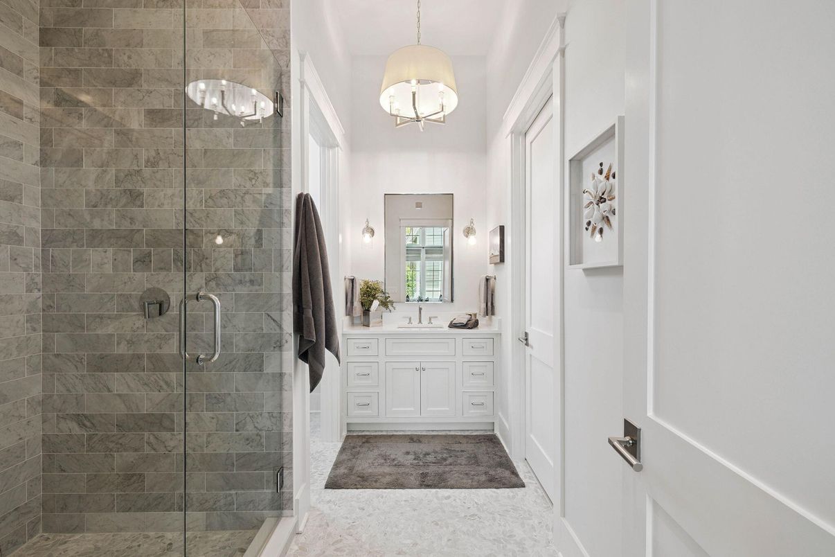 Bathroom, Glass Shower, Interior, Pendant Lights, Stone Walls