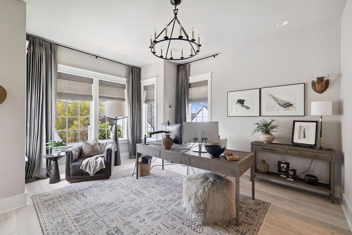 Chandelier, Home Office, Interior, Recessed Lighting, Wood Texture Flooring