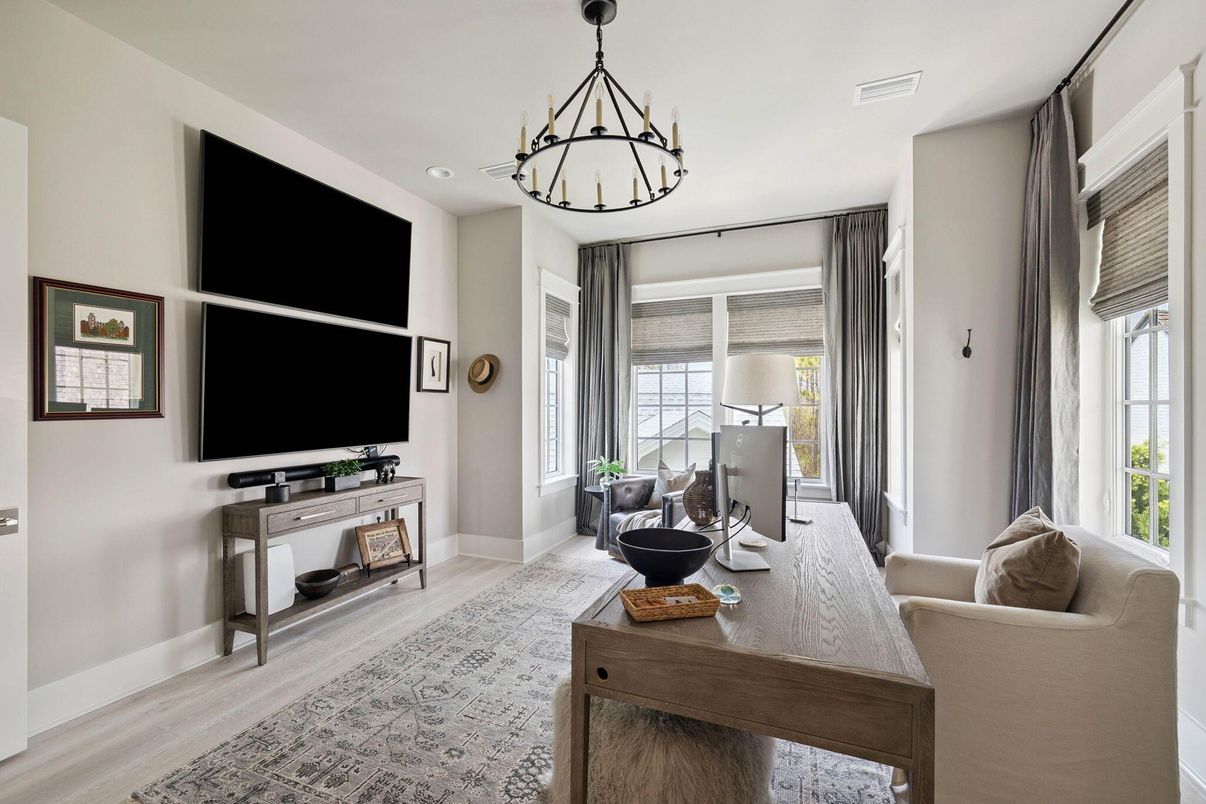 Chandelier, Home Office, Interior, Living room, Recessed Lighting, Wood Texture Flooring