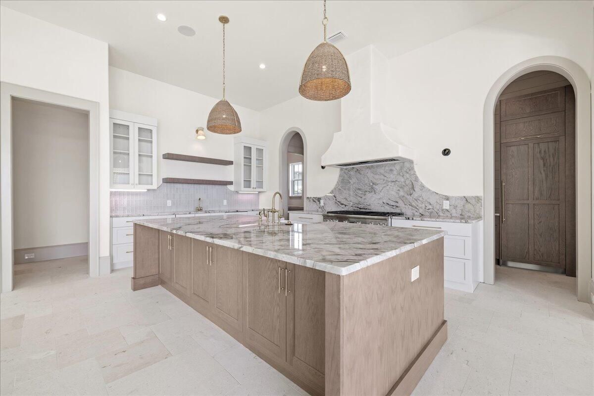 Interior, Kitchen, Marble Walls, Pendant Lights, Recessed Lighting