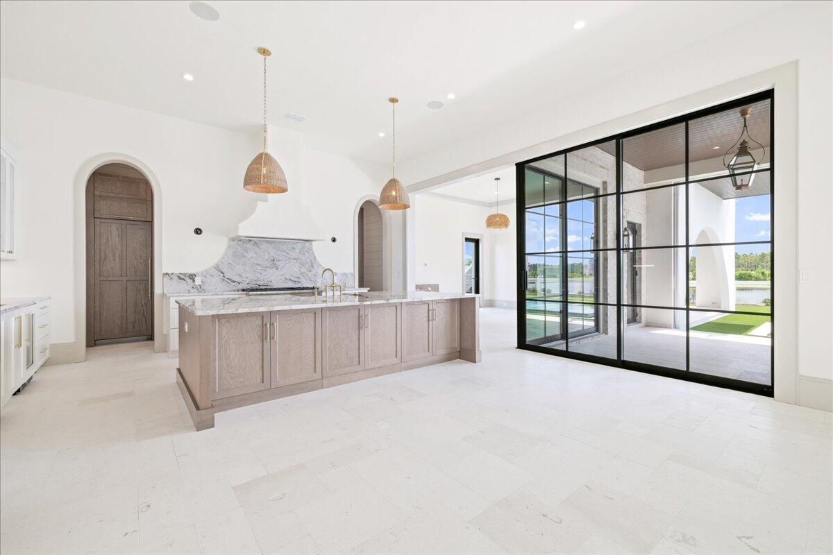 Interior, Kitchen, Marble Walls, Pendant Lights, Recessed Lighting