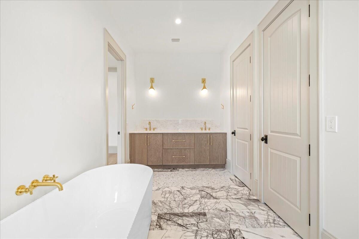 Bathroom, Dual Sink Vanities, Free Standing Baths, Interior, Marble, Recessed Lighting