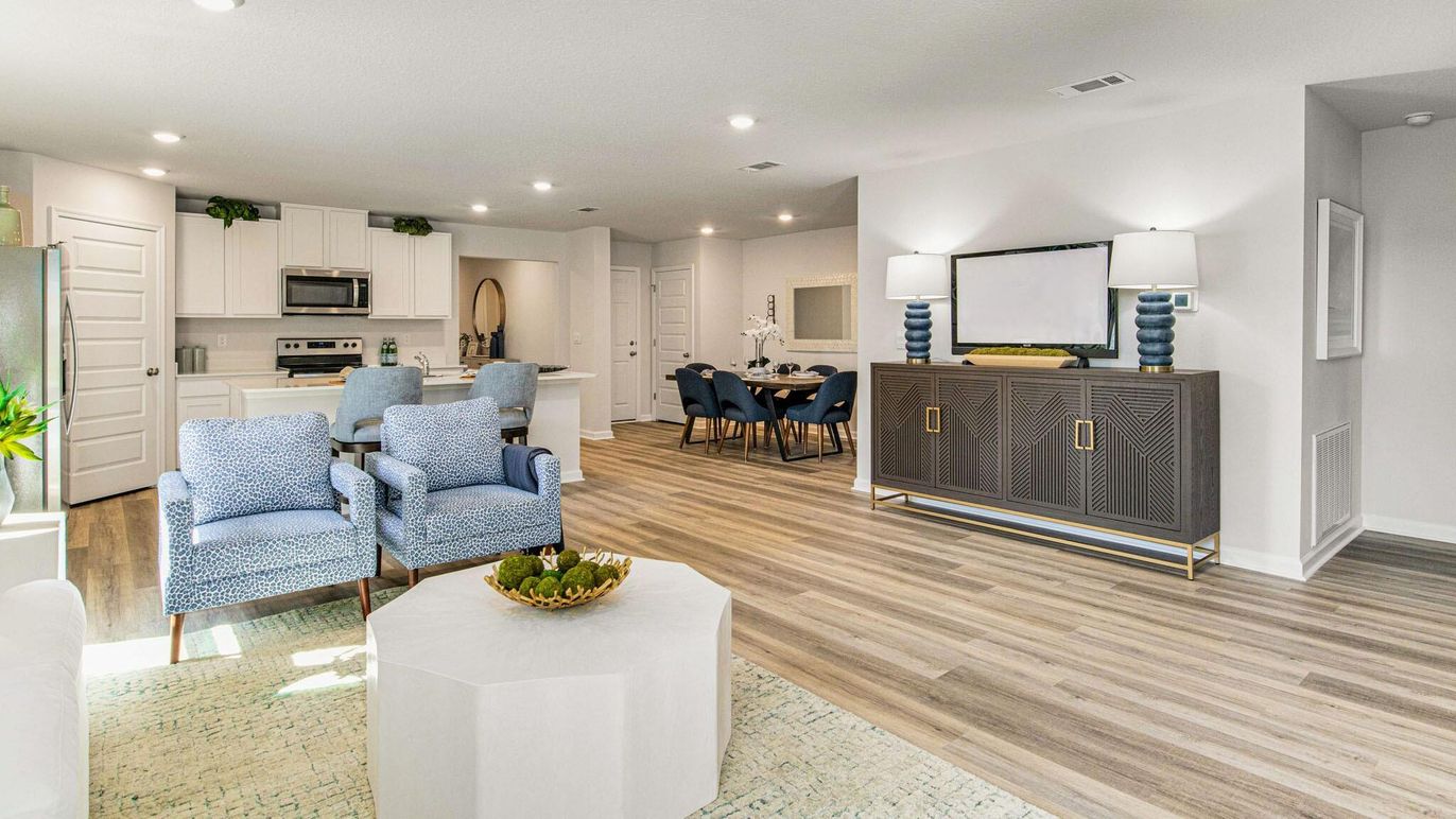 Dining room, Interior, Kitchen, Living room, Recessed Lighting, Stainless Steel Appliances, Wood Texture Flooring