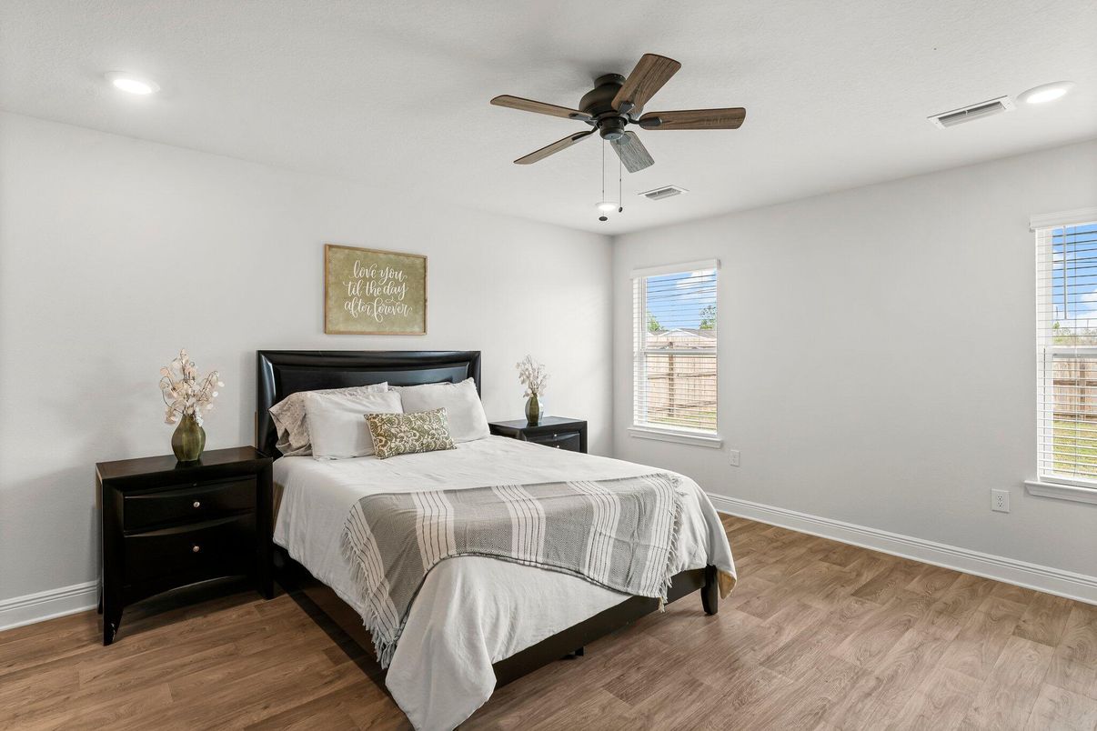 Bedroom, Interior, Recessed Lighting, Wood Texture Flooring