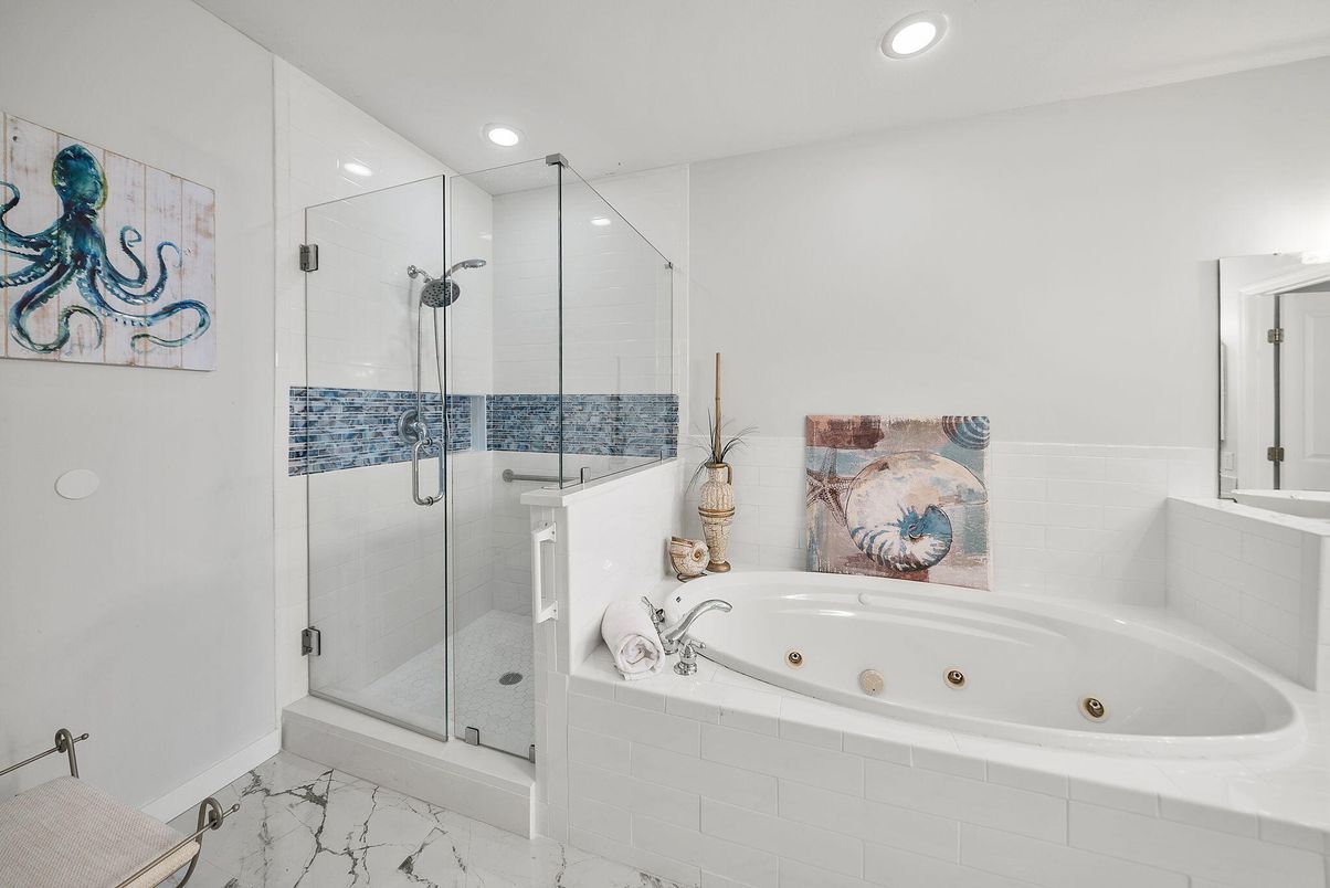 Bathroom, Glass Shower, Interior, Marble, Recessed Lighting