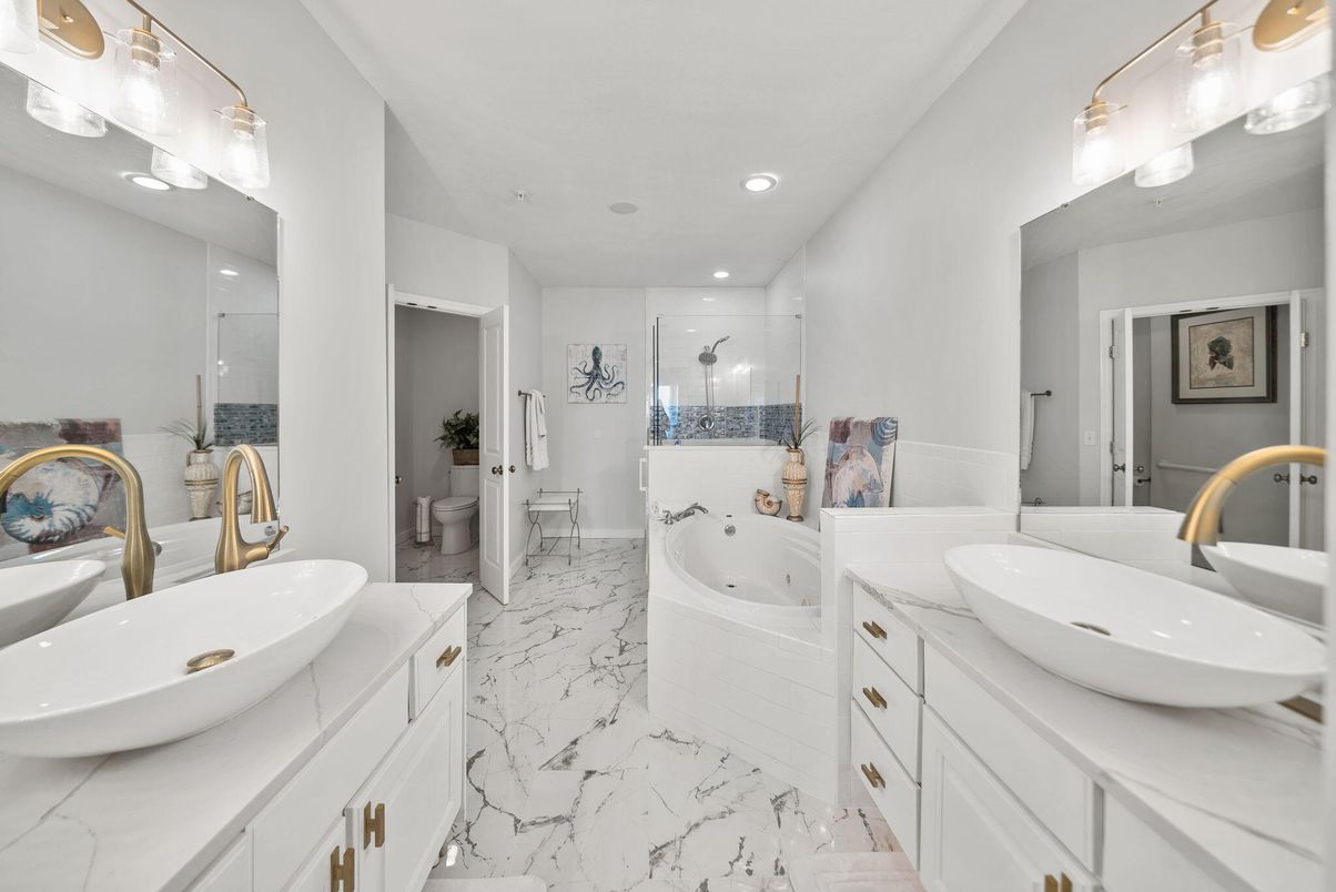 Bathroom, Dual Sink Vanities, Glass Shower, Interior, Marble, Recessed Lighting
