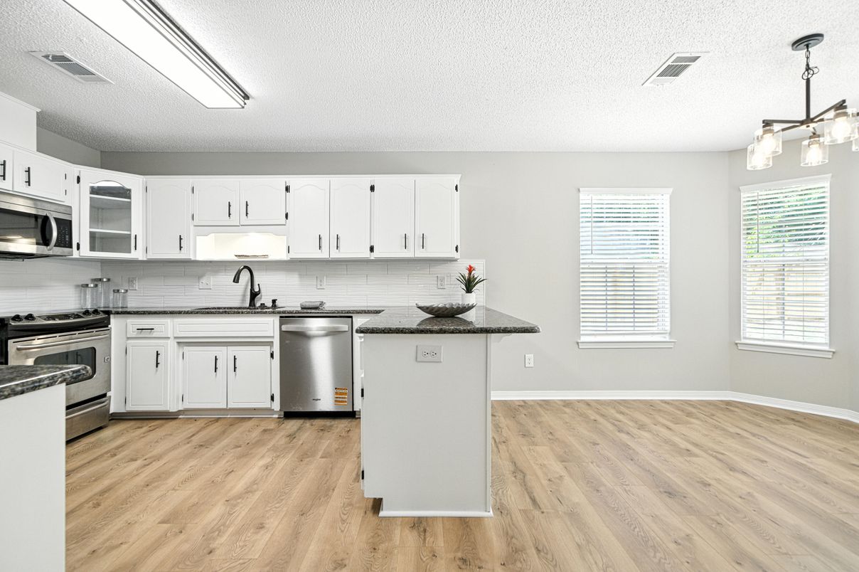 Interior, Kitchen, Pendant Lights, Stainless Steel Appliances, Wood Texture Flooring