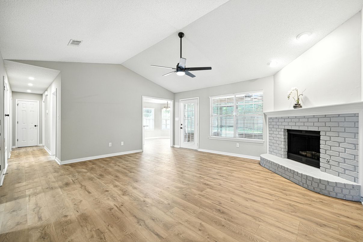 Empty room, Fireplace, Interior, Recessed Lighting, Wood Texture Flooring