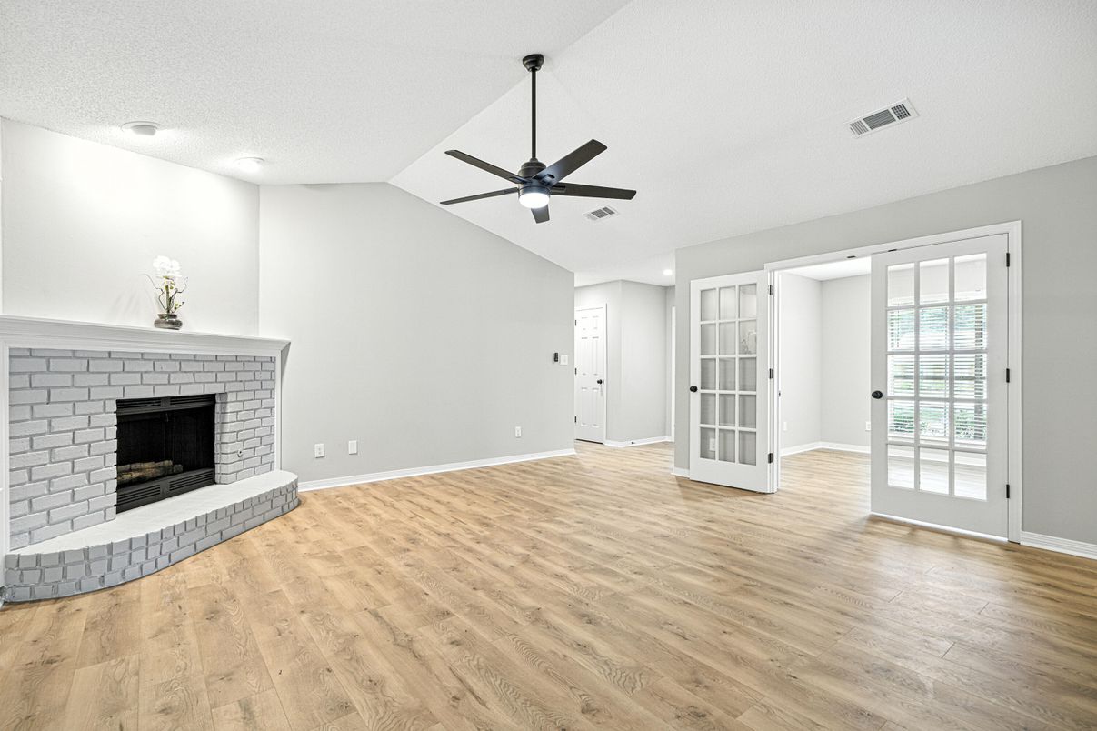 Empty room, Fireplace, Interior, Recessed Lighting, Wood Texture Flooring