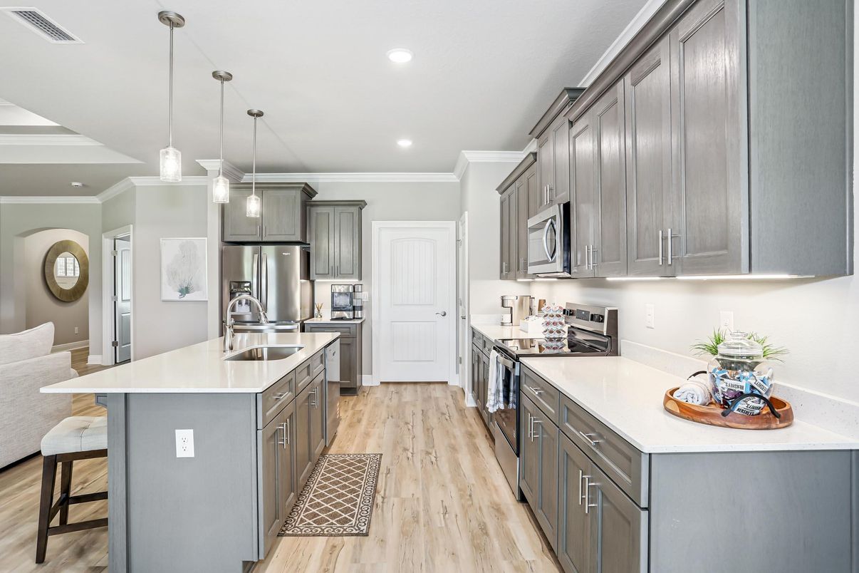 Interior, Kitchen, Pendant Lights, Recessed Lighting, Stainless Steel Appliances, Wood Texture Flooring