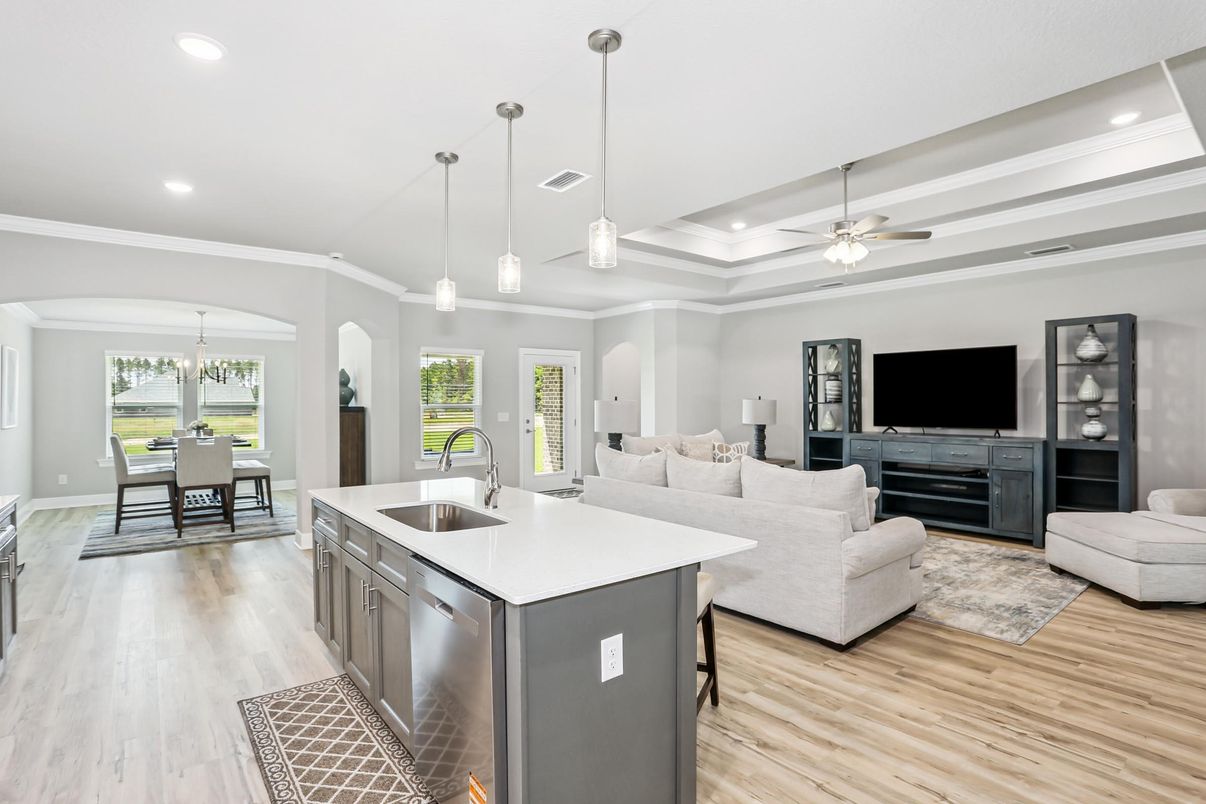 Dining room, Interior, Kitchen, Living room, Pendant Lights, Recessed Lighting, Wood Texture Flooring