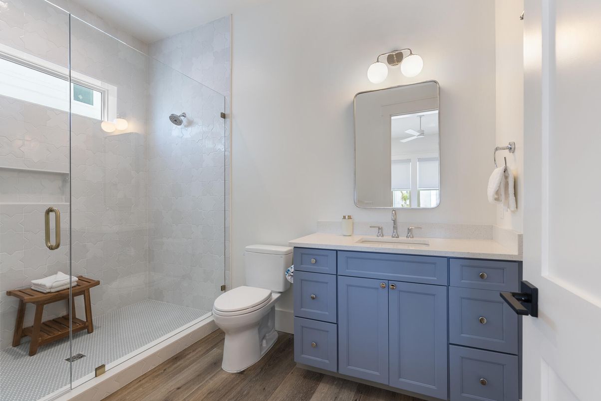 Bathroom, Glass Shower, Interior, Wood Texture Flooring
