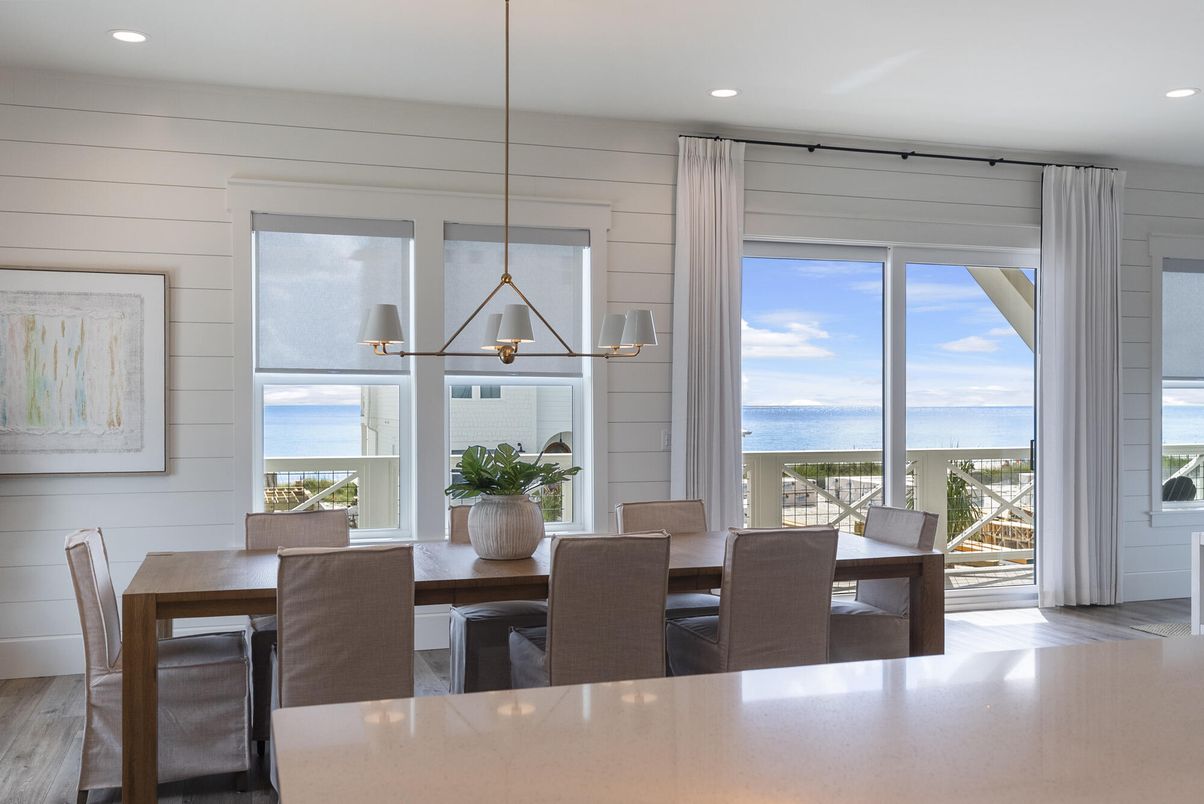 Dining room, Interior, Pendant Lights, Recessed Lighting, Water, Wood Texture Flooring