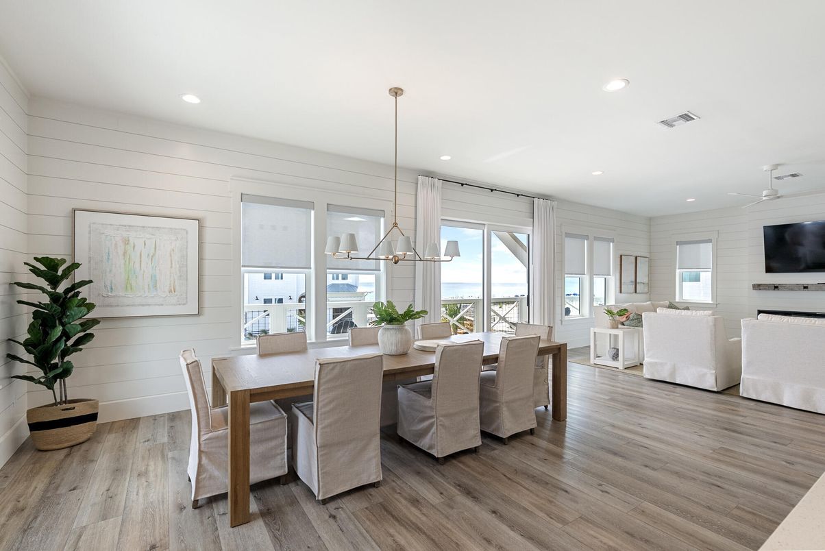 Dining room, Interior, Living room, Pendant Lights, Recessed Lighting, Wood Texture Flooring