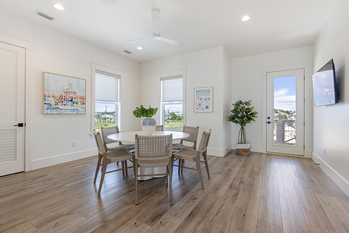 Dining room, Interior, Recessed Lighting, Wood Texture Flooring