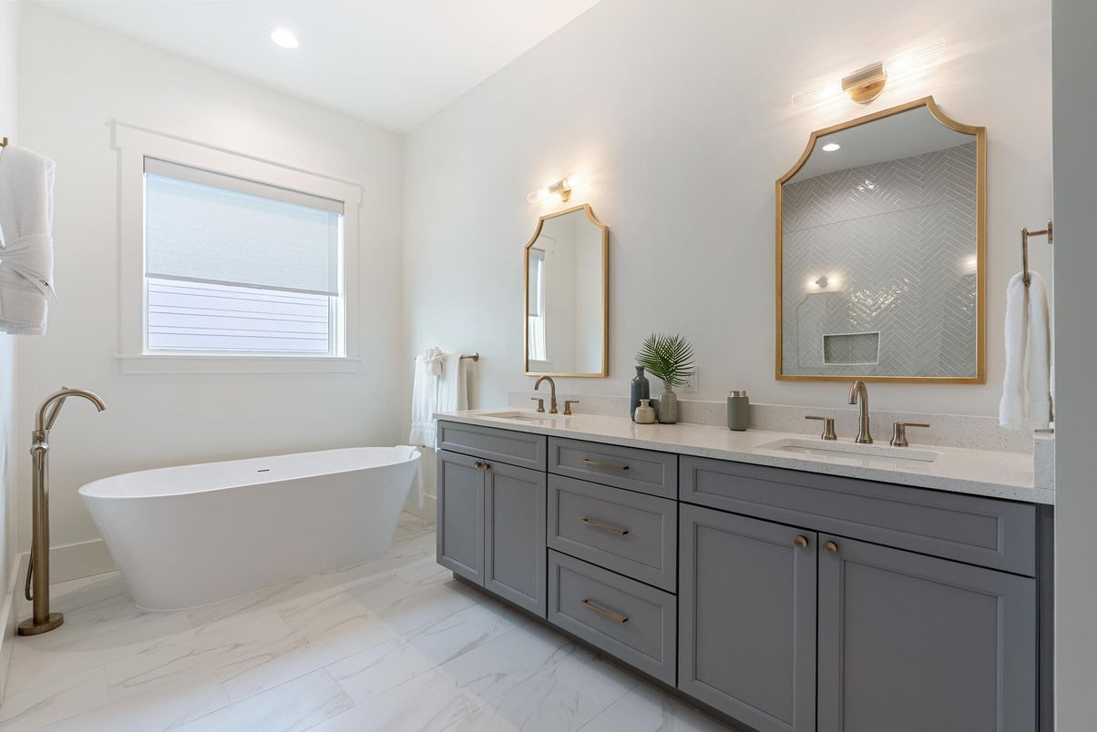 Bathroom, Dual Sink Vanities, Free Standing Baths, Interior, Marble, Recessed Lighting