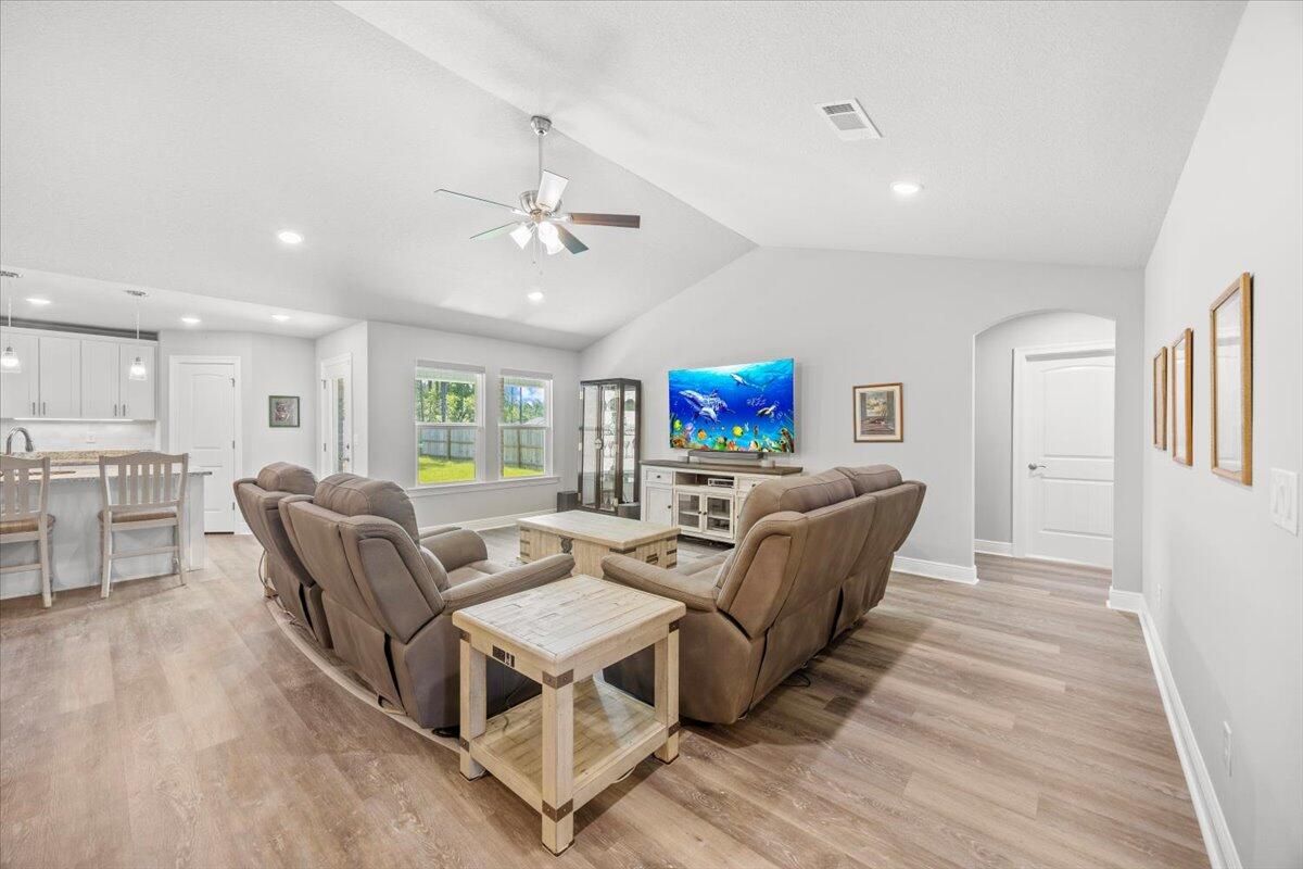 Interior, Kitchen, Living room, Pendant Lights, Recessed Lighting, Wood Texture Flooring