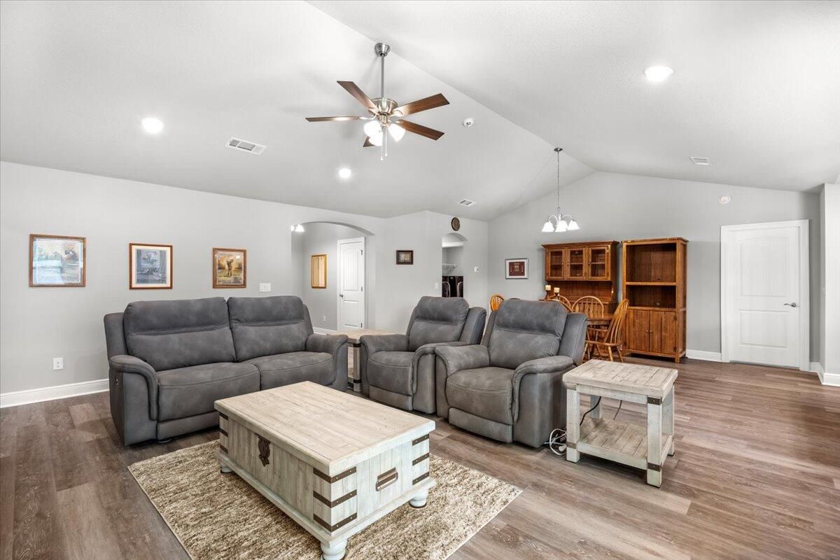 Interior, Living room, Pendant Lights, Recessed Lighting, Wood Texture Flooring