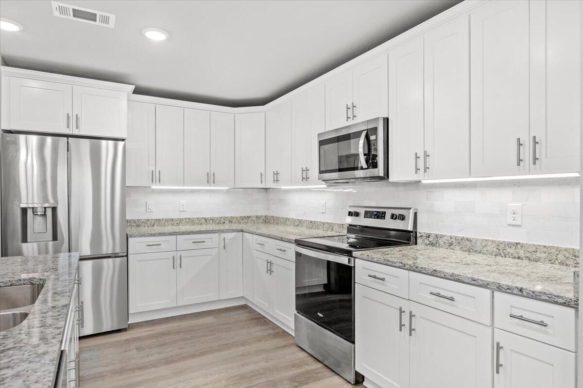 Interior, Kitchen, Recessed Lighting, Stainless Steel Appliances, Wood Texture Flooring