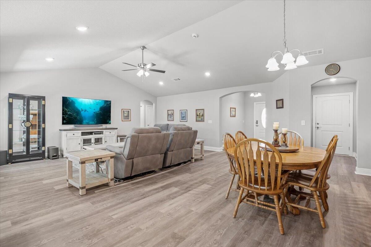 Dining room, Interior, Living room, Pendant Lights, Recessed Lighting, Wood Texture Flooring