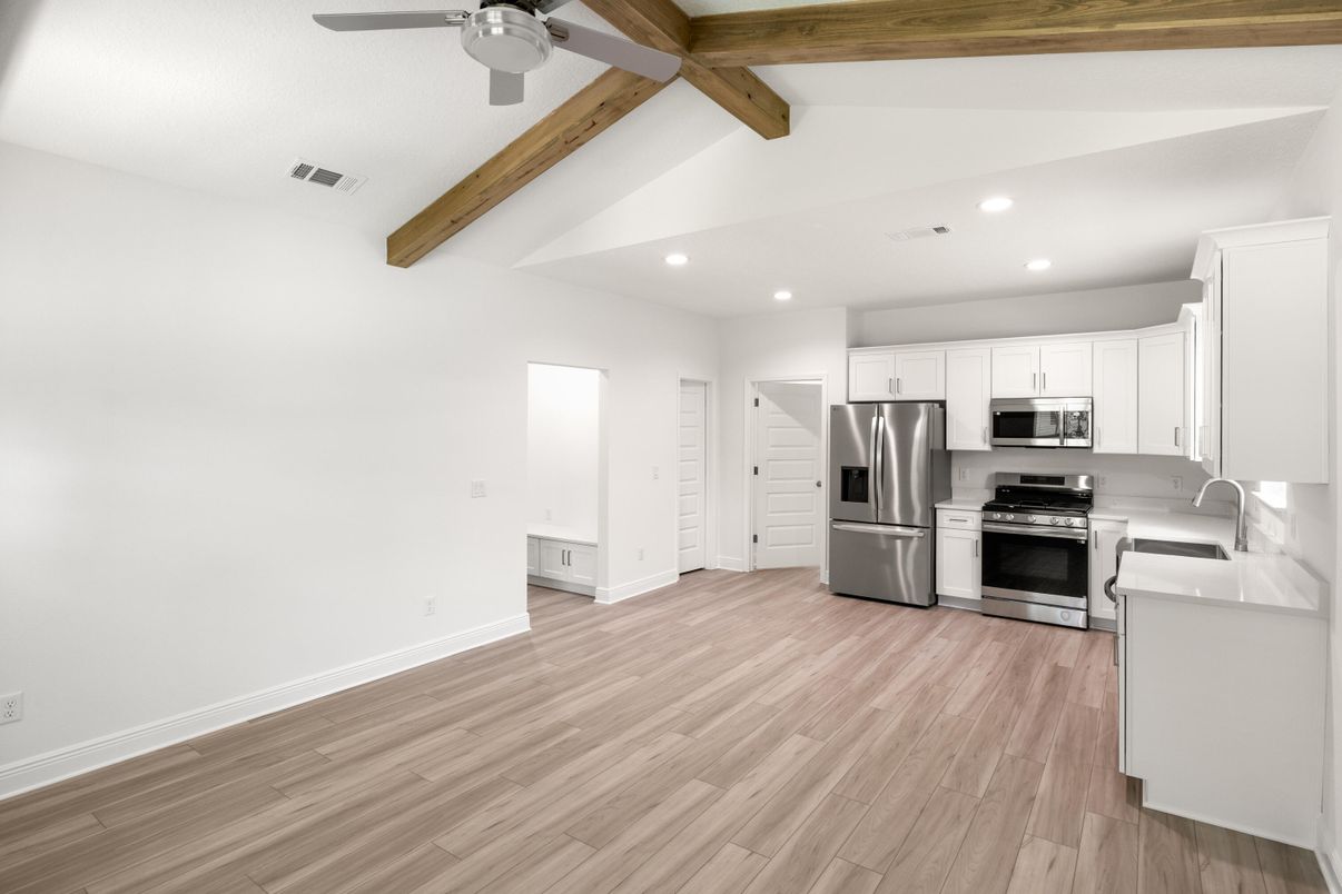 Interior, Kitchen, Recessed Lighting, Stainless Steel Appliances, Wooden Beams, Wood Texture Flooring